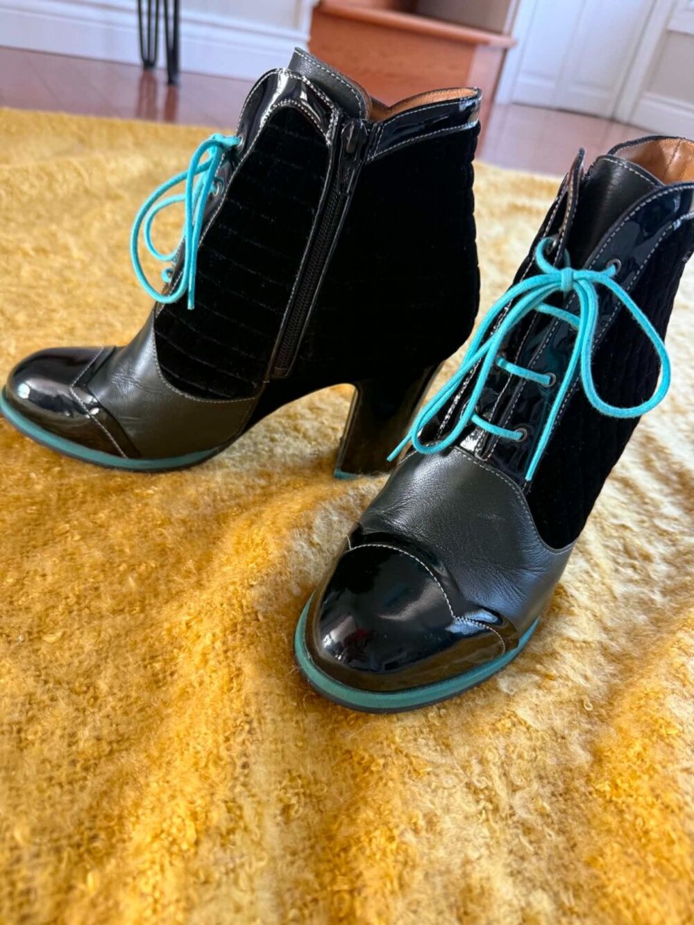 John Fluevog lace up patent leather and velvet boot